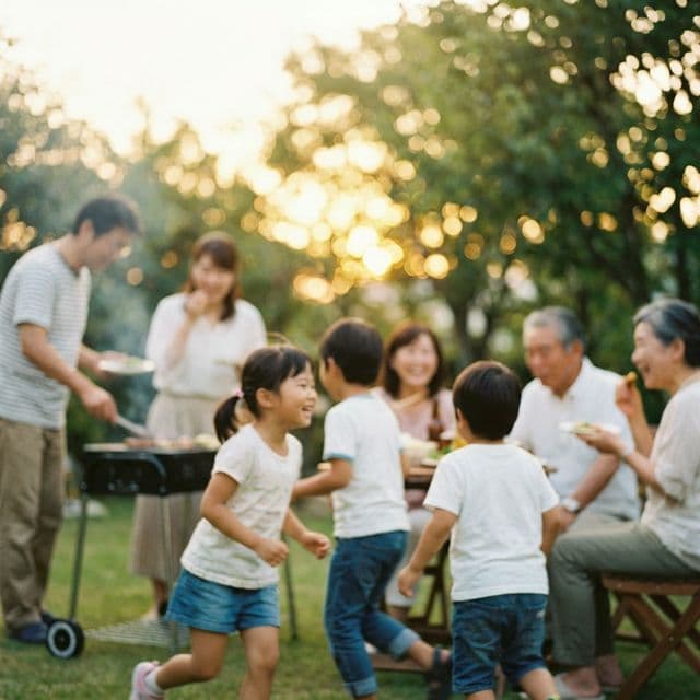 家族が庭でBBQをしている様子